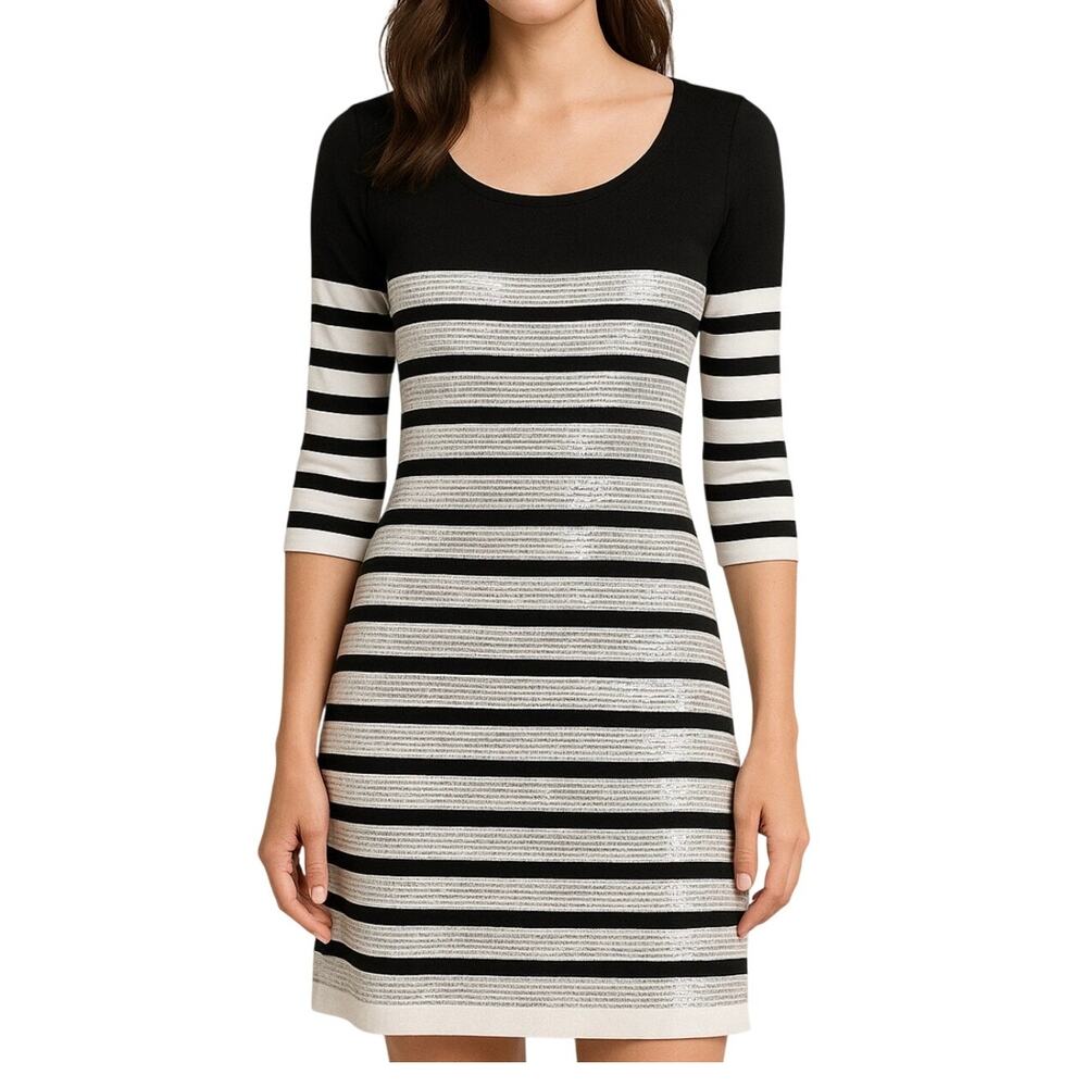 Renee C Sequin Sweater Dress Womens M‎ White Black Stripe Silver Party Holiday